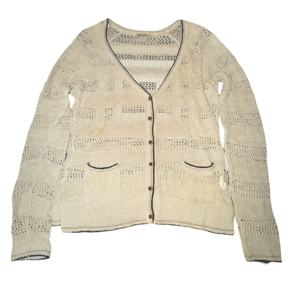 Lucky Brand Cotton & Linen Ivory Sweater With Navy Trim Sz M